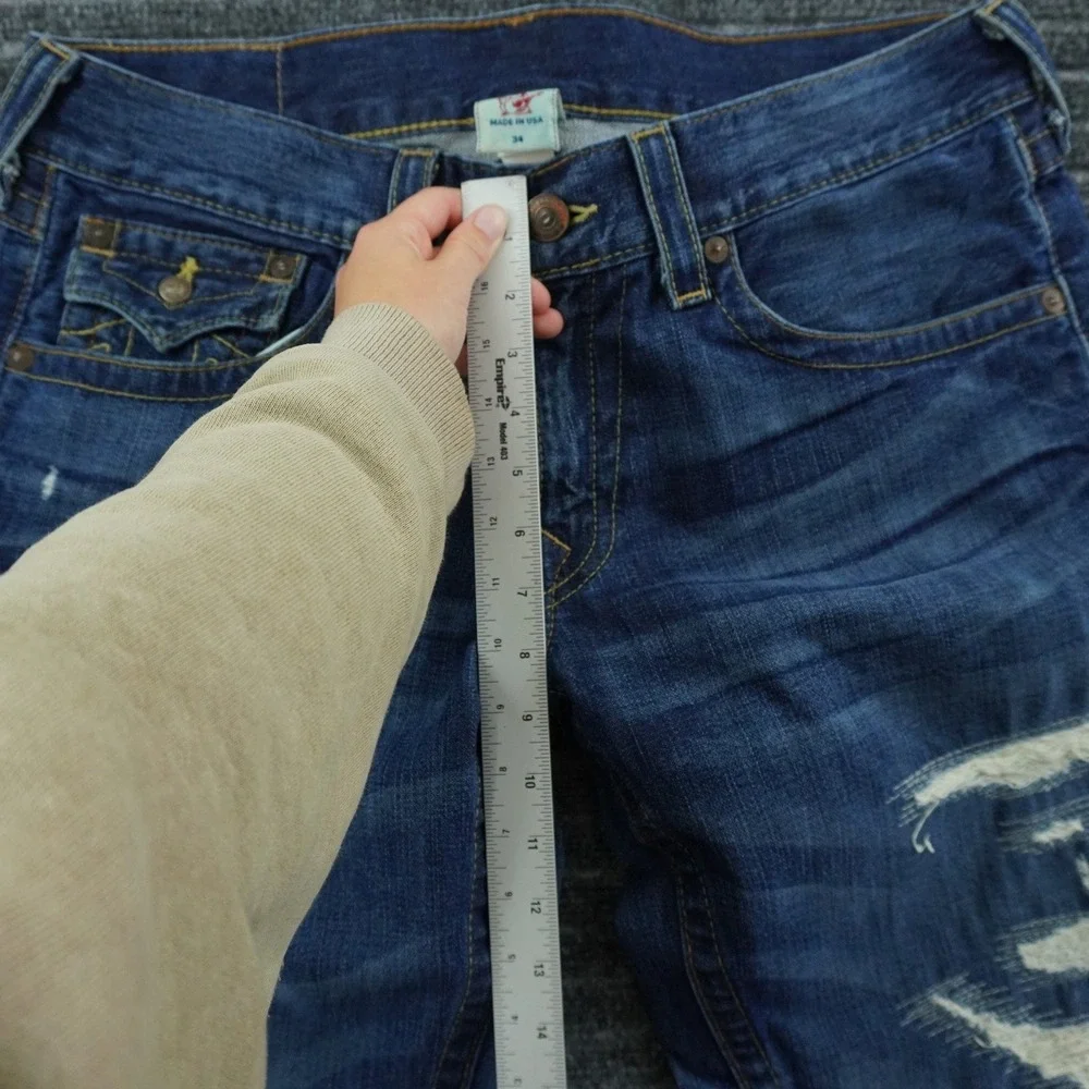 True Religion Billy Jeans Mens 34 Blue Distressed Ripped Straight Leg USA Made
